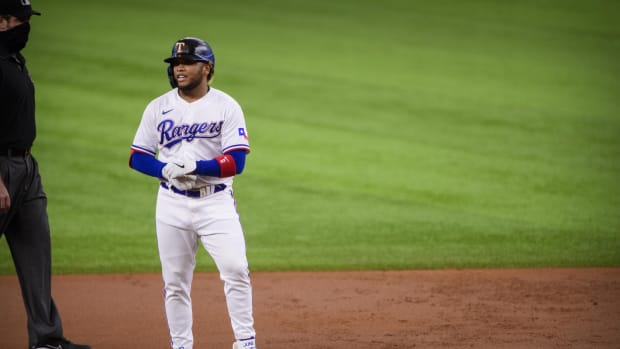 Texas Rangers OF Willie Calhoun hits double